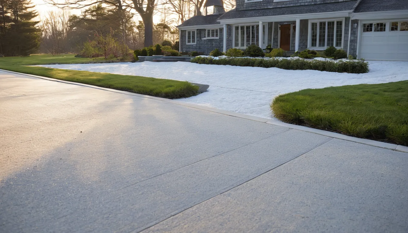 A new concrete driveway beside a Cape Cod style home in Stamford