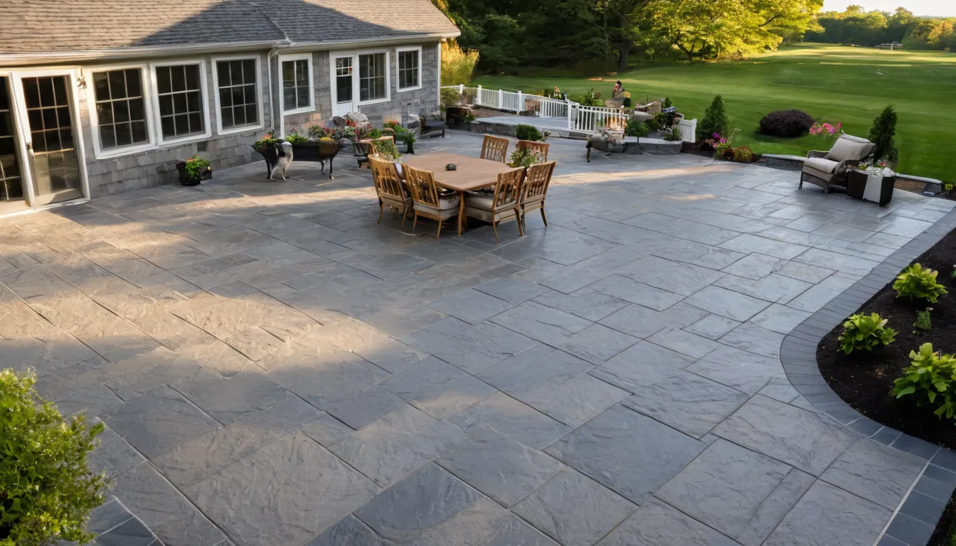 Finished stamped concrete patio with a slate pattern behind a home in Stamford